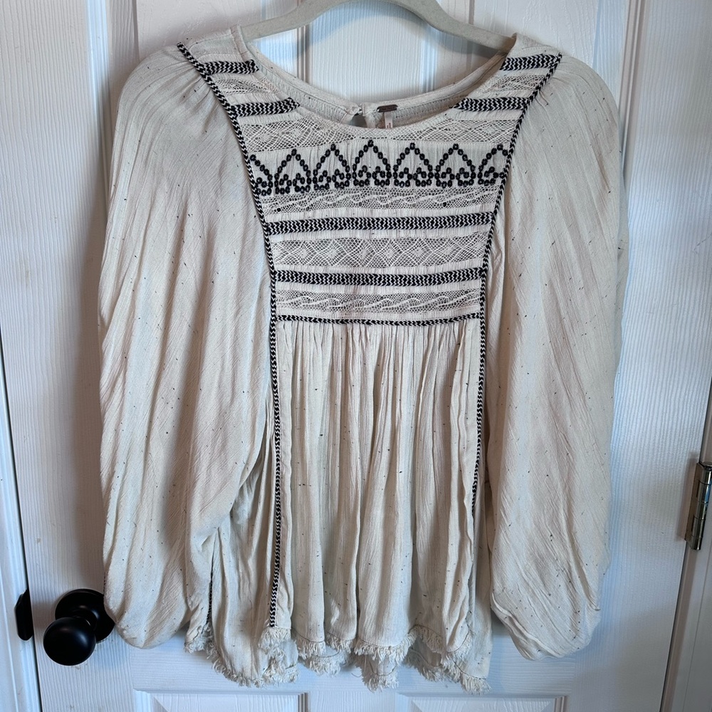 Free People Cream Blouse with Black Embroidery